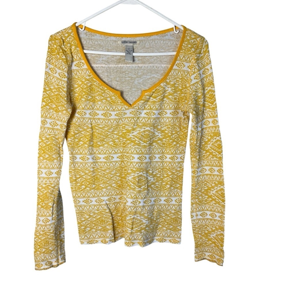 Lucky Brand Yellow V-Neck Long Sleeve Fitted Blouse